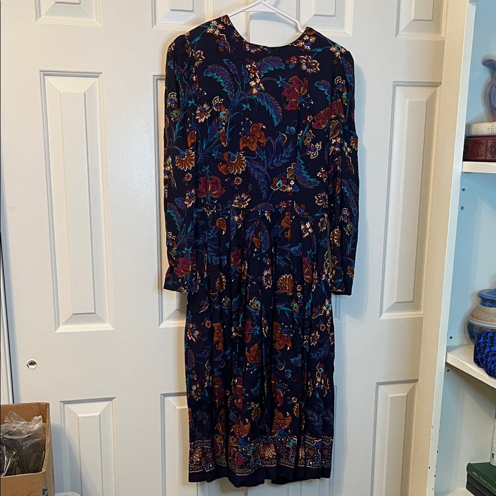 Vintage Petite Lanz Midi Long Sleeve Dress Navy Blue Paislee‎ Pattern